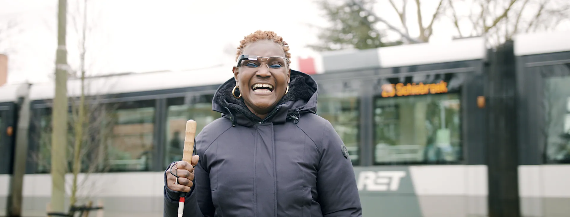 Joy at a tram station